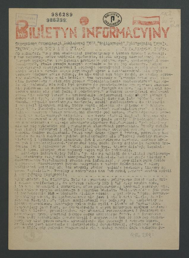 Biuletyn Informacyjny&nbsp;: czasopismo Organizacji Zakładowej NSZZ &bdquo;Solidarność&rdquo; Politechniki Wrocławskiej. 1982, numer&nbsp;7