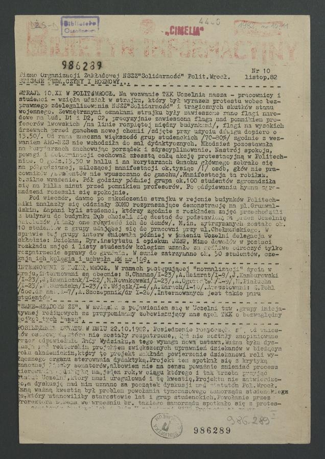 Biuletyn Informacyjny&nbsp;: pismo Organizacji Zakładowej NSZZ &bdquo;Solidarność&rdquo; Politechniki Wrocławskiej. 1982, numer&nbsp;10