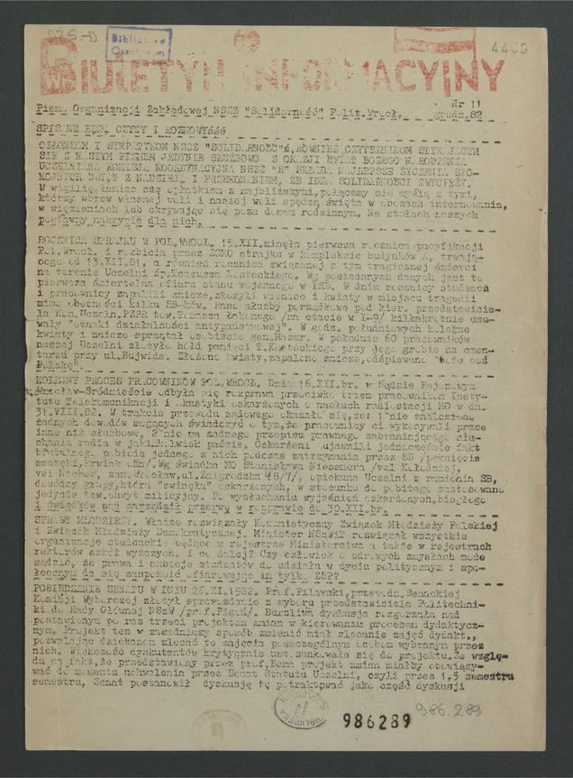 Biuletyn Informacyjny&nbsp;: pismo Organizacji Zakładowej NSZZ &bdquo;Solidarność&rdquo; Politechniki Wrocławskiej. 1982, numer&nbsp;11