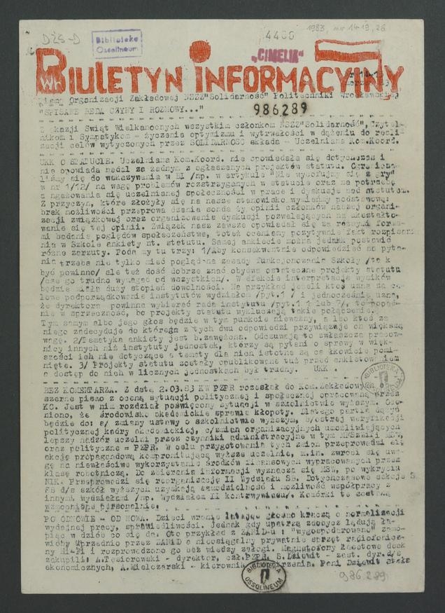 Biuletyn Informacyjny&nbsp;: pismo Organizacji Zakładowej NSZZ &bdquo;Solidarność&rdquo; Politechniki Wrocławskiej. 1983, numer&nbsp;14-15
