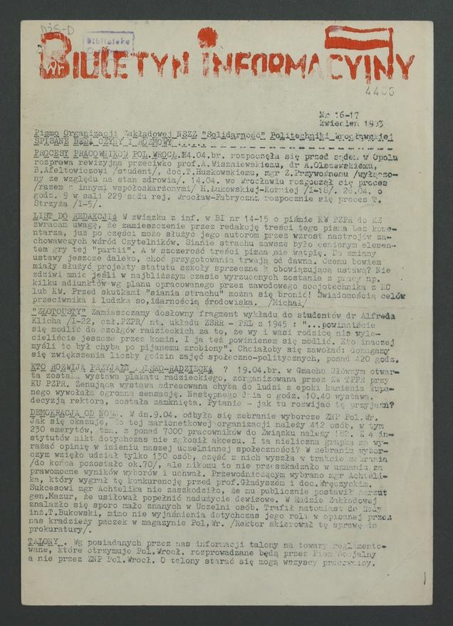 Biuletyn Informacyjny&nbsp;: pismo Organizacji Zakładowej NSZZ &bdquo;Solidarność&rdquo; Politechniki Wrocławskiej. 1983, numer&nbsp;16-17