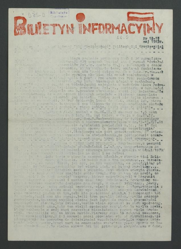 Biuletyn Informacyjny&nbsp;: pismo Organizacji Zakładowej NSZZ &bdquo;Solidarność&rdquo; Politechniki Wrocławskiej. 1983, numer&nbsp;18-19