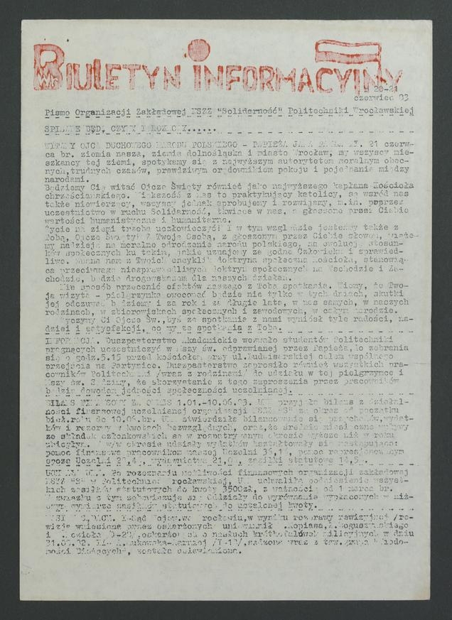 Biuletyn Informacyjny&nbsp;: pismo Organizacji Zakładowej NSZZ &bdquo;Solidarność&rdquo; Politechniki Wrocławskiej. 1983, numer&nbsp;20-21