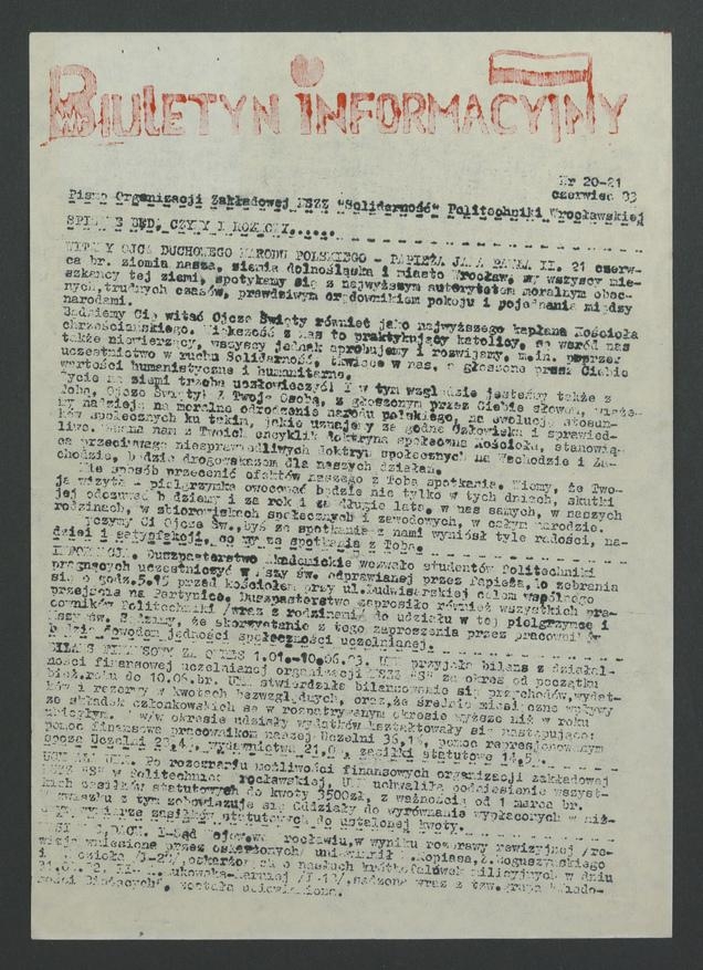 Biuletyn Informacyjny&nbsp;: pismo Organizacji Zakładowej NSZZ &bdquo;Solidarność&rdquo; Politechniki Wrocławskiej. 1983, numer&nbsp;20-21 [egzemplarz&nbsp;2]