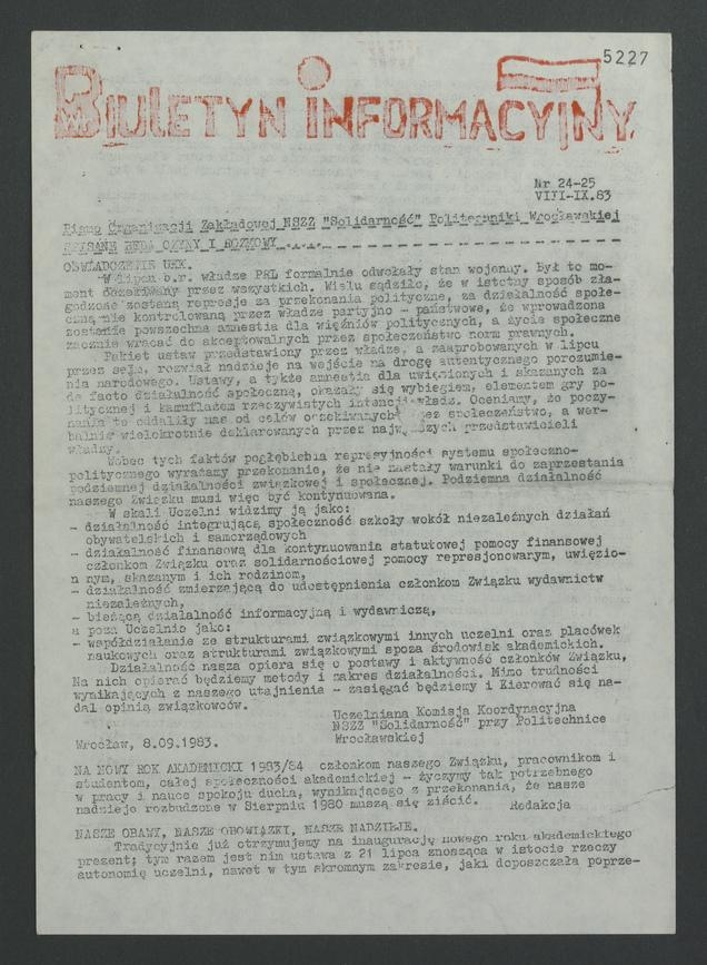 Biuletyn Informacyjny&nbsp;: pismo Organizacji Zakładowej NSZZ &bdquo;Solidarność&rdquo; Politechniki Wrocławskiej. 1983, numer&nbsp;24-25