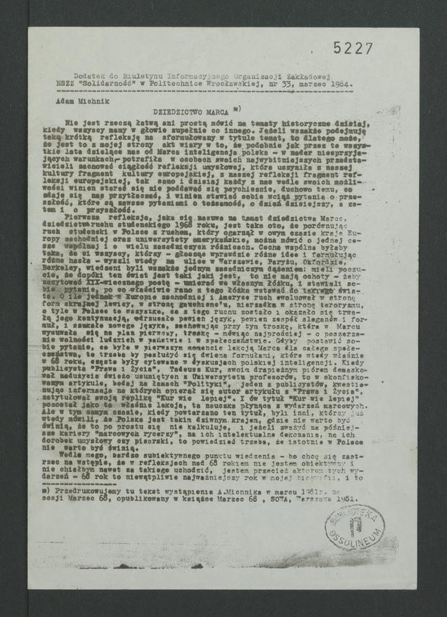 Dodatek do&nbsp;Biuletynu Informacyjnego Organizacji Zakładowej NSZZ &bdquo;Solidarność&rdquo; w&nbsp;Politechnice Wrocławskiej. 1984, numer&nbsp;33