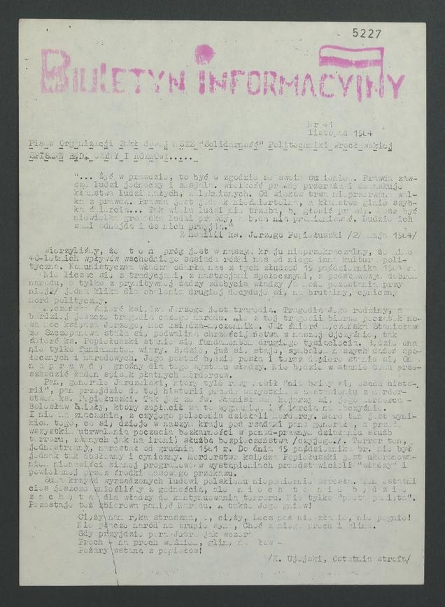 Biuletyn Informacyjny : pismo Organizacji Zakładowej NSZZ „Solidarność” Politechniki Wrocławskiej. 1984, numer 41