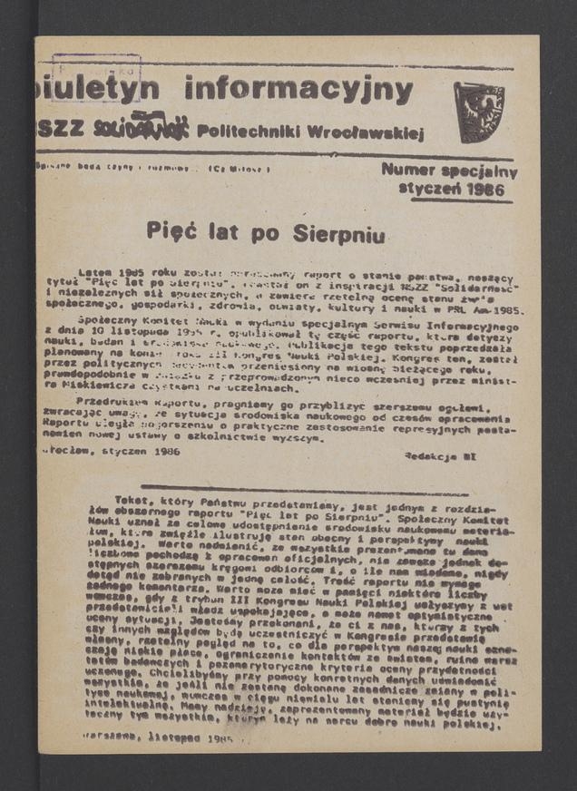 Biuletyn Informacyjny&nbsp;NSZZ &bdquo;Solidarność&rdquo; Politechniki Wrocławskiej. 1986, numer specjalny