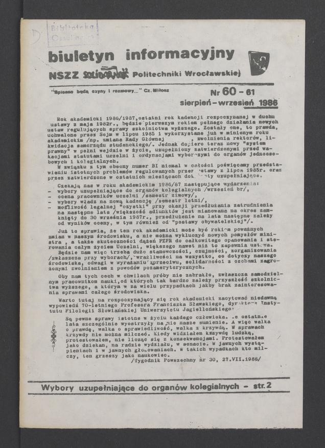 Biuletyn Informacyjny&nbsp;NSZZ &bdquo;Solidarność&rdquo; Politechniki Wrocławskiej. 1986, numer&nbsp;60-61
