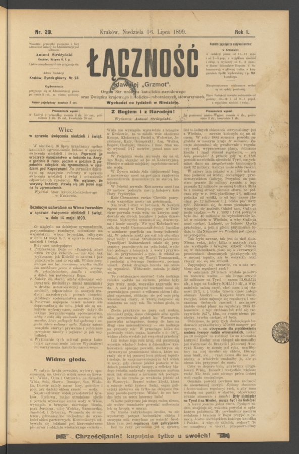 Łączność&nbsp;: dawniej &bdquo;Grzmot&rdquo;&nbsp;: organ Stronnictwa Katolicko-Narodowego oraz Związku Krajowego Katolicko-Robotniczych Stowarzyszeń. Rok&nbsp;1, 1899, numer&nbsp;29