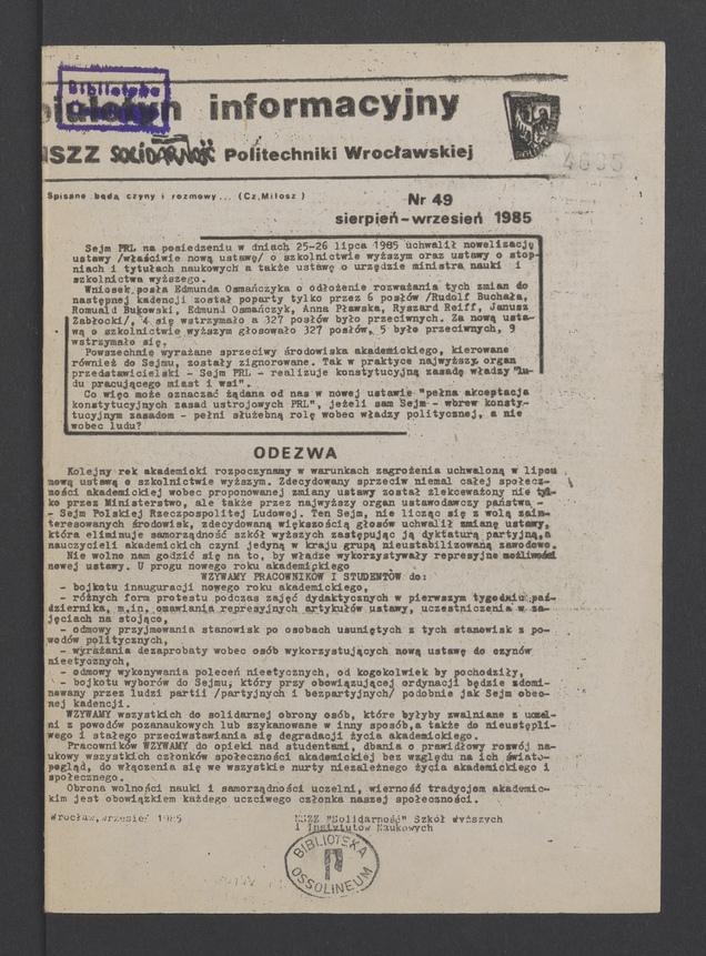 Biuletyn Informacyjny&nbsp;NSZZ &bdquo;Solidarność&rdquo; Politechniki Wrocławskiej. 1985, numer&nbsp;49