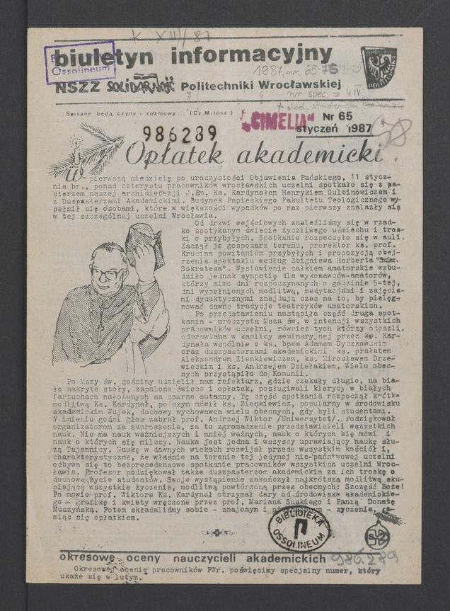 Biuletyn Informacyjny&nbsp;NSZZ &bdquo;Solidarność&rdquo; Politechniki Wrocławskiej. 1987, numer&nbsp;65