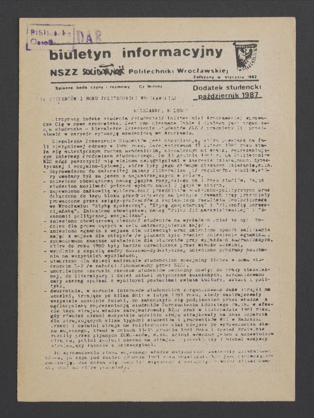Biuletyn Informacyjny&nbsp;NSZZ &bdquo;Solidarność&rdquo; Politechniki Wrocławskiej. 1987, dodatek studencki