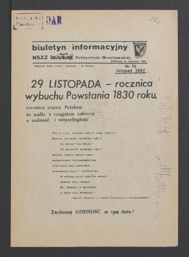 Biuletyn Informacyjny NSZZ „Solidarność” Politechniki Wrocławskiej. 1987, numer 75