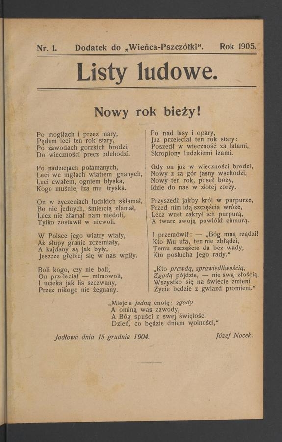 Listy Ludowe&nbsp;: dodatek do&nbsp;&bdquo;Wieńca-Pszcz&oacute;łki&rdquo;. 1905, numer&nbsp;1