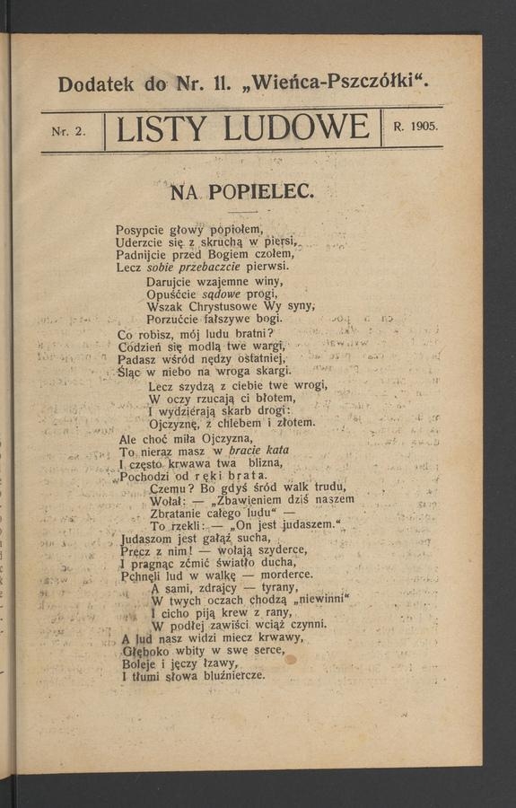 Listy Ludowe&nbsp;: dodatek do&nbsp;numeru&nbsp;11 &bdquo;Wieńca-Pszcz&oacute;łki&rdquo;. 1905, numer&nbsp;2