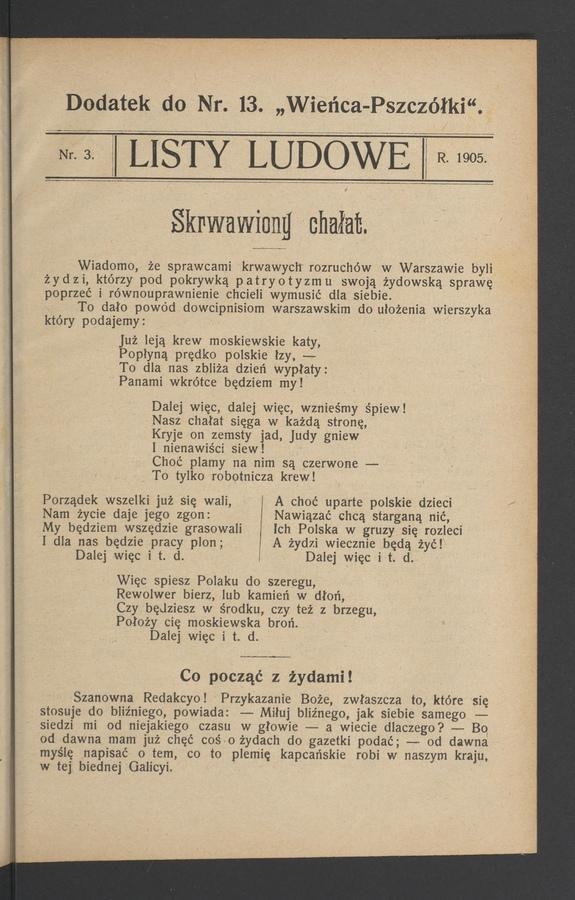 Listy Ludowe&nbsp;: dodatek do&nbsp;numeru&nbsp;13 &bdquo;Wieńca-Pszcz&oacute;łki&rdquo;. 1905, numer&nbsp;3