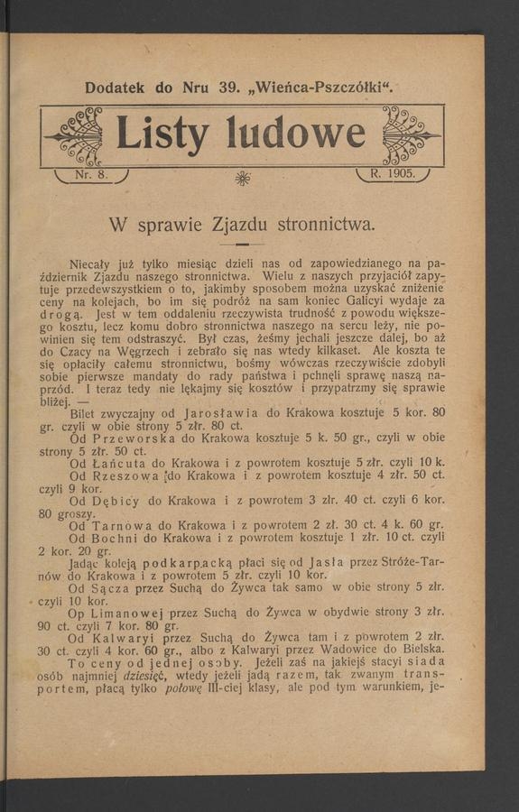 Listy Ludowe&nbsp;: dodatek do&nbsp;numeru&nbsp;39 &bdquo;Wieńca-Pszcz&oacute;łki&rdquo;. 1905, numer&nbsp;8