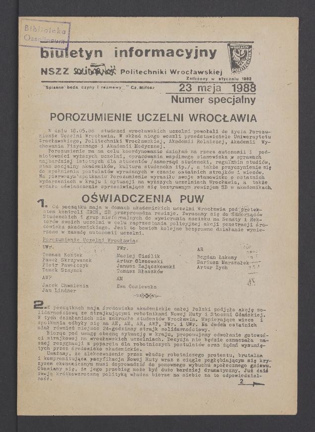 Biuletyn Informacyjny&nbsp;NSZZ &bdquo;Solidarność&rdquo; Politechniki Wrocławskiej. 1988, numer specjalny