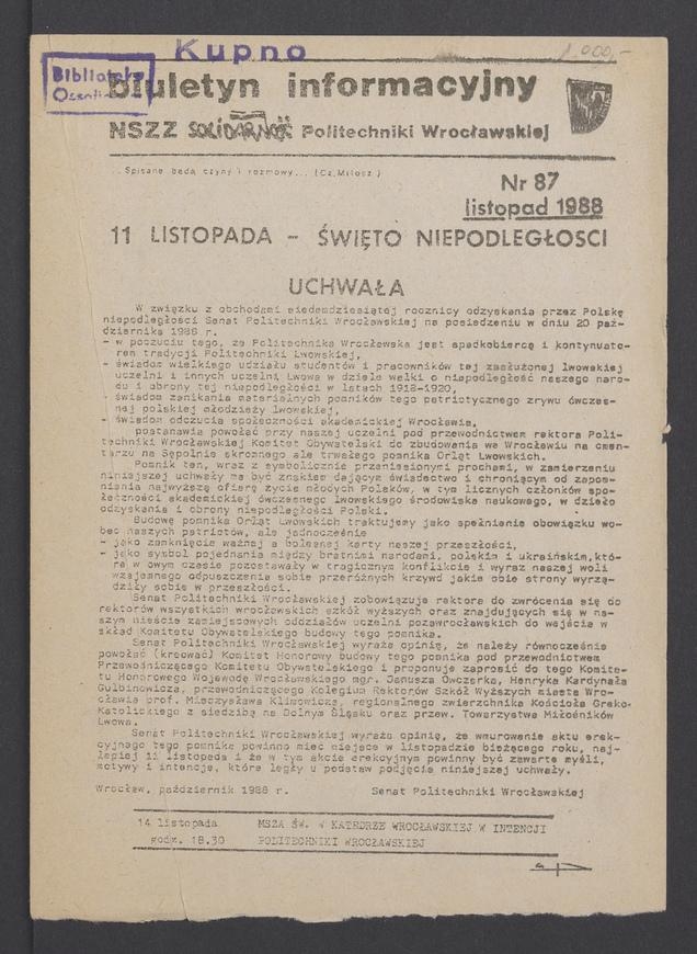 Biuletyn Informacyjny&nbsp;NSZZ &bdquo;Solidarność&rdquo; Politechniki Wrocławskiej. 1988, numer&nbsp;87