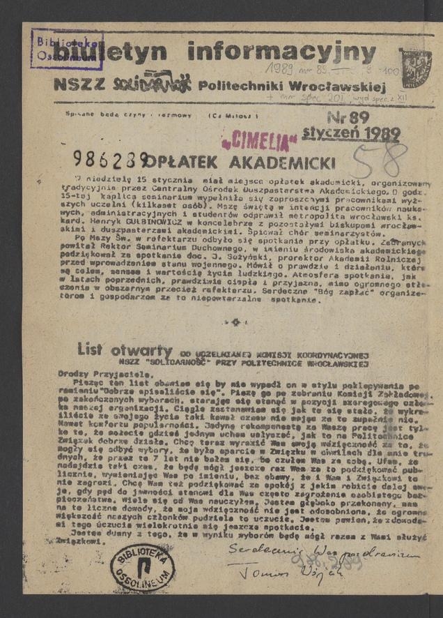 Biuletyn Informacyjny&nbsp;NSZZ &bdquo;Solidarność&rdquo; Politechniki Wrocławskiej. 1989, numer&nbsp;89