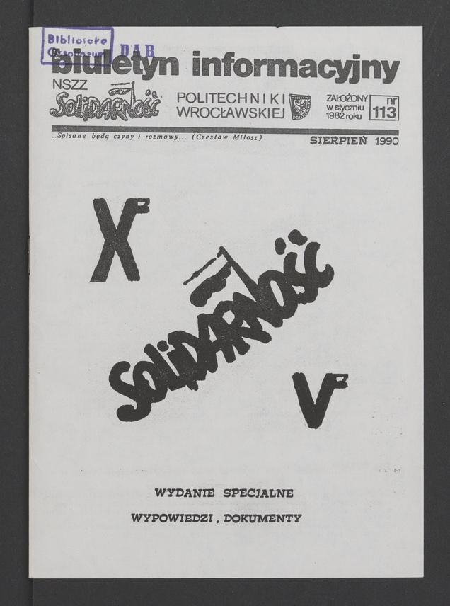 Biuletyn Informacyjny&nbsp;NSZZ &bdquo;Solidarność&rdquo; Politechniki Wrocławskiej. 1989, numer&nbsp;113