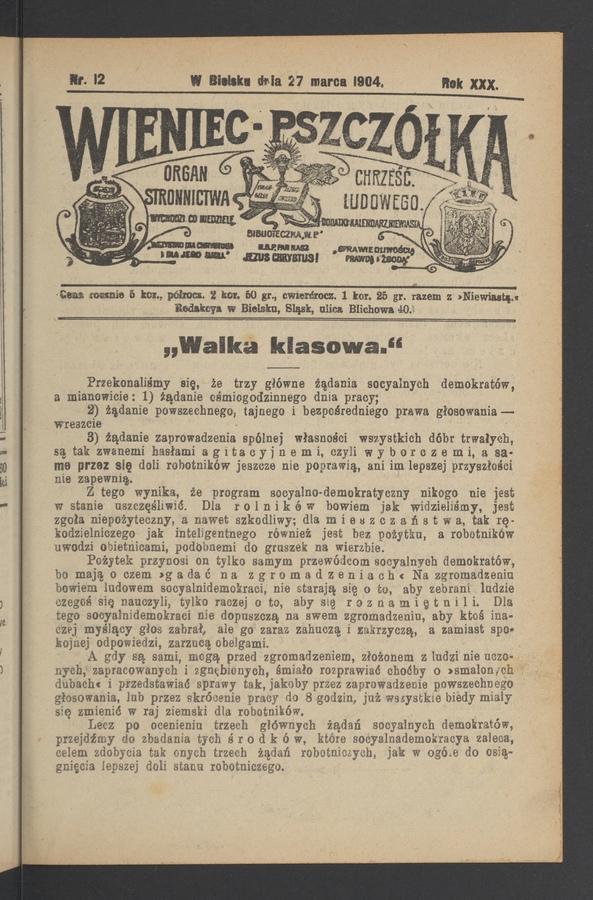 Wieniec-Pszcz&oacute;łka&nbsp;: organ Stronnictwa Chrześcijańsko-Ludowego. Rok&nbsp;30, 1904, numer&nbsp;12