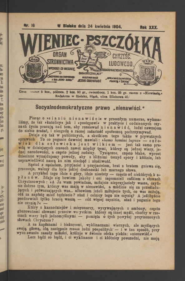 Wieniec-Pszcz&oacute;łka&nbsp;: organ Stronnictwa Chrześcijańsko-Ludowego. Rok&nbsp;30, 1904, numer&nbsp;16