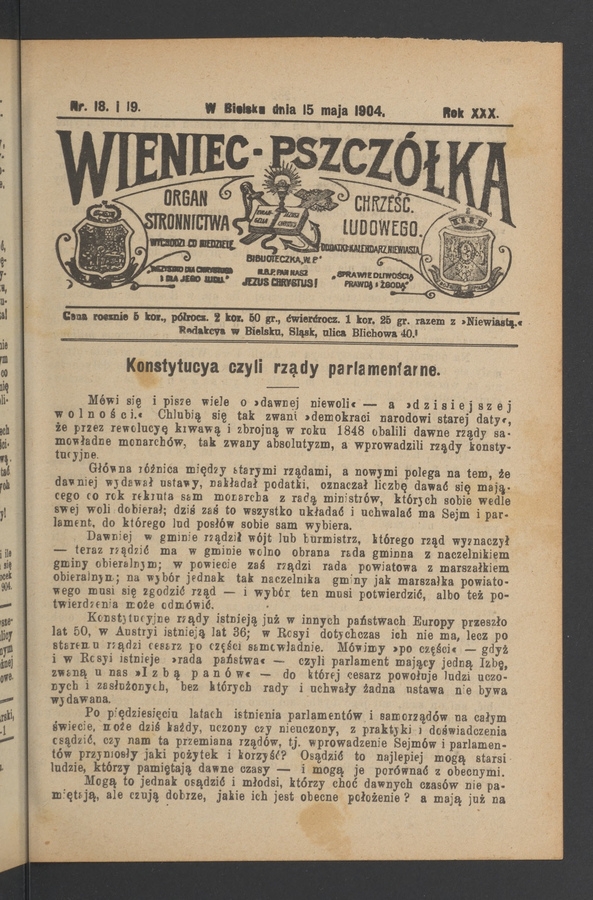 Wieniec-Pszcz&oacute;łka&nbsp;: organ Stronnictwa Chrześcijańsko-Ludowego. Rok&nbsp;30, 1904, numer&nbsp;18-19