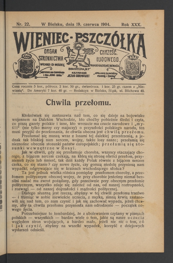 Wieniec-Pszcz&oacute;łka&nbsp;: organ Stronnictwa Chrześcijańsko-Ludowego. Rok&nbsp;30, 1904, numer&nbsp;22