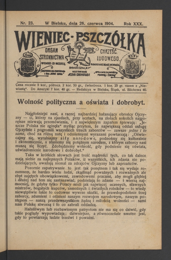 Wieniec-Pszcz&oacute;łka&nbsp;: organ Stronnictwa Chrześcijańsko-Ludowego. Rok&nbsp;30, 1904, numer&nbsp;23