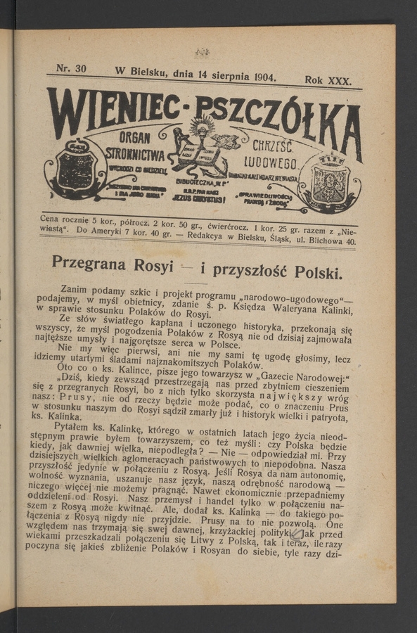 Wieniec-Pszcz&oacute;łka&nbsp;: organ Stronnictwa Chrześcijańsko-Ludowego. Rok&nbsp;30, 1904, numer&nbsp;30