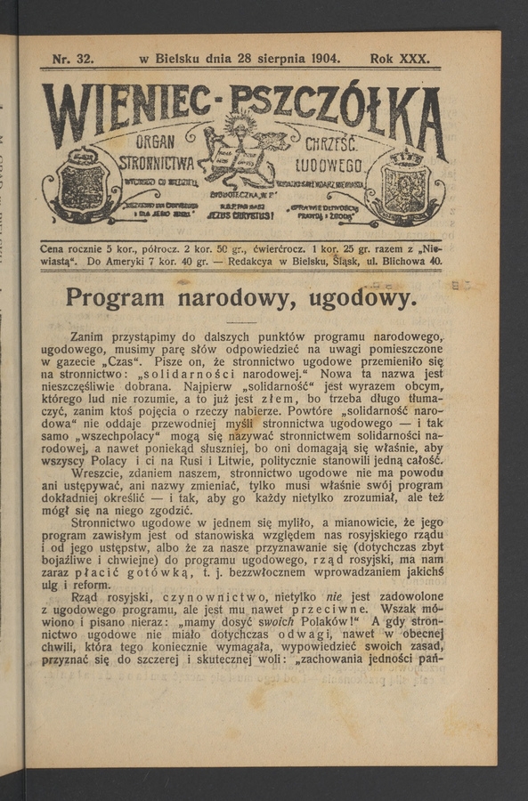 Wieniec-Pszcz&oacute;łka&nbsp;: organ Stronnictwa Chrześcijańsko-Ludowego. Rok&nbsp;30, 1904, numer&nbsp;32