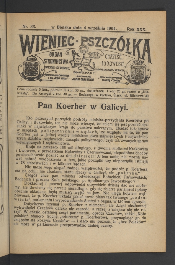 Wieniec-Pszcz&oacute;łka&nbsp;: organ Stronnictwa Chrześcijańsko-Ludowego. Rok&nbsp;30, 1904, numer&nbsp;33