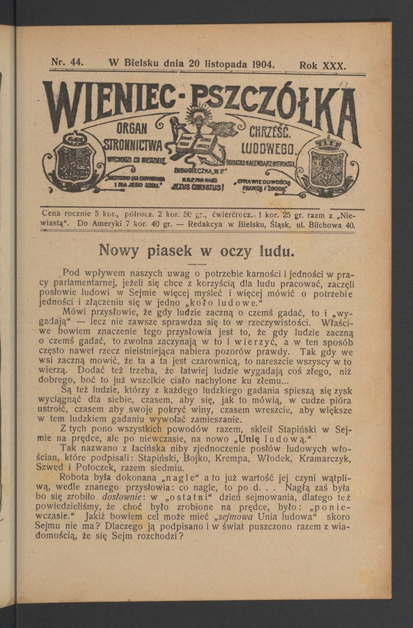Wieniec-Pszcz&oacute;łka&nbsp;: organ Stronnictwa Chrześcijańsko-Ludowego. Rok&nbsp;30, 1904, numer&nbsp;44