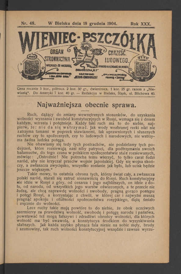 Wieniec-Pszcz&oacute;łka&nbsp;: organ Stronnictwa Chrześcijańsko-Ludowego. Rok&nbsp;30, 1904, numer&nbsp;48