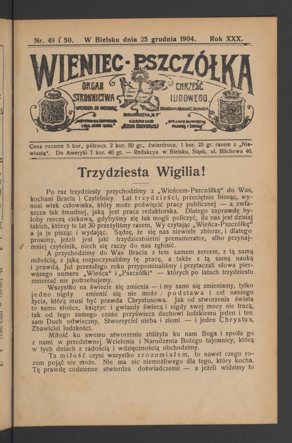 Wieniec-Pszcz&oacute;łka&nbsp;: organ Stronnictwa Chrześcijańsko-Ludowego. Rok&nbsp;30, 1904, numer&nbsp;49-50