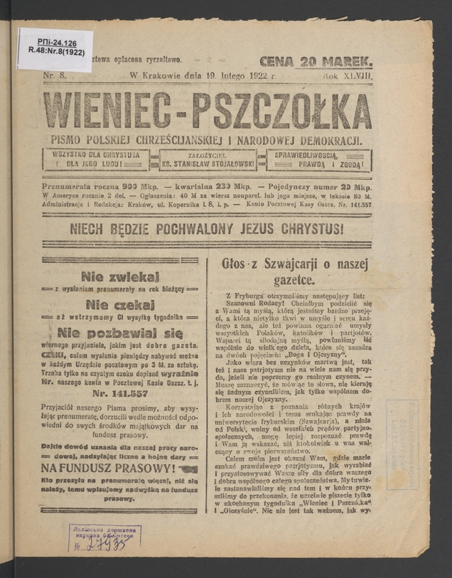 Wieniec-Pszczółka : pismo polskiej chrześcijańskiej i narodowej demokracji. Rok 48, 1922, numer 8