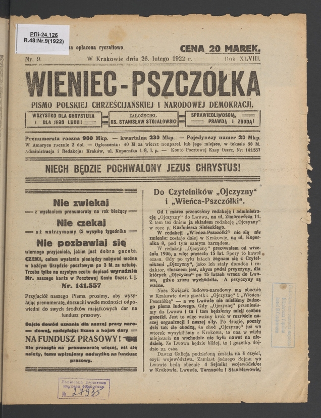 Wieniec-Pszczółka : pismo polskiej chrześcijańskiej i narodowej demokracji. Rok 48, 1922, numer 9