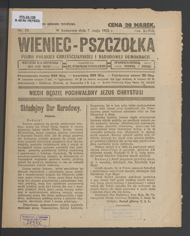 Wieniec-Pszczółka : pismo polskiej chrześcijańskiej i narodowej demokracji. Rok 48, 1922, numer 19