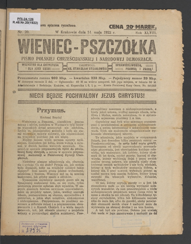 Wieniec-Pszczółka : pismo polskiej chrześcijańskiej i narodowej demokracji. Rok 48, 1922, numer 20