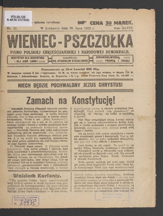Wieniec-Pszczółka : pismo polskiej chrześcijańskiej i narodowej demokracji. Rok 48, 1922, numer 31