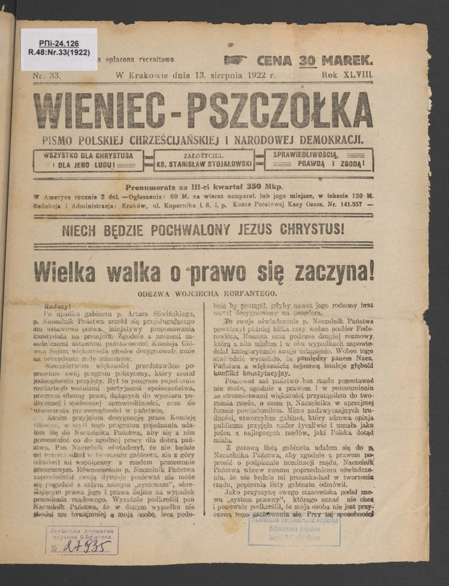 Wieniec-Pszczółka : pismo polskiej chrześcijańskiej i narodowej demokracji. Rok 48, 1922, numer 33