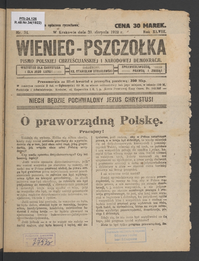 Wieniec-Pszczółka : pismo polskiej chrześcijańskiej i narodowej demokracji. Rok 48, 1922, numer 34