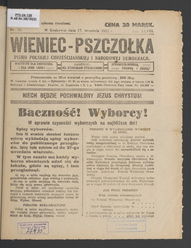 Wieniec-Pszczółka : pismo polskiej chrześcijańskiej i narodowej demokracji. Rok 48, 1922, numer 38