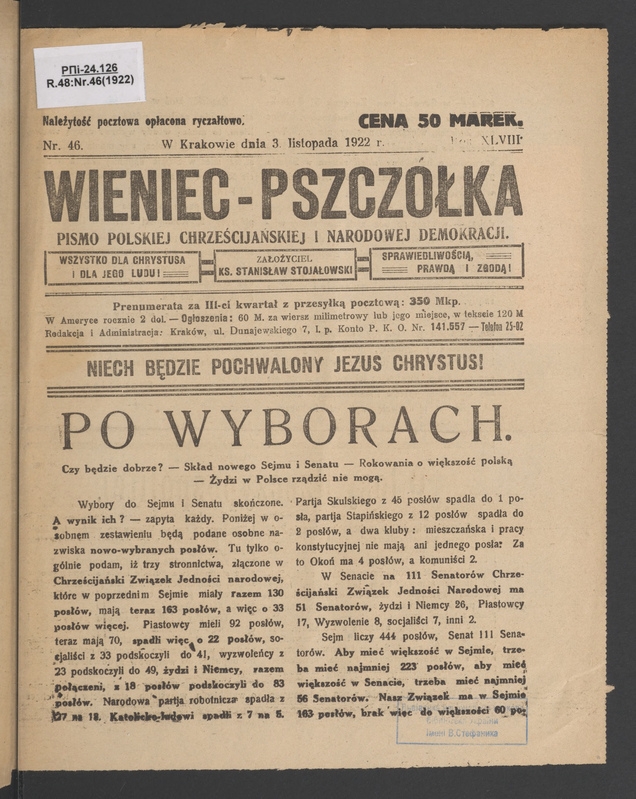 Wieniec-Pszczółka : pismo polskiej chrześcijańskiej i narodowej demokracji. Rok 48, 1922, numer 46