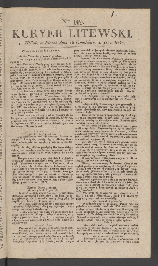 Kuryer Litewski. 1832, numer&nbsp;149
