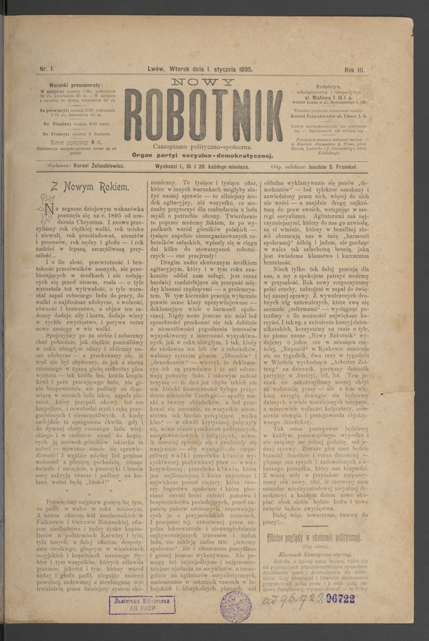 Nowy Robotnik&nbsp;: czasopismo polityczno-społeczne&nbsp;: organ partyi socyalno-demokratycznej. Rok&nbsp;3, 1895, numer&nbsp;1