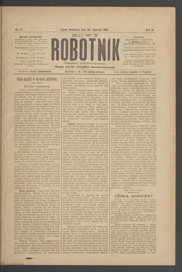 Nowy Robotnik&nbsp;: czasopismo polityczno-społeczne&nbsp;: organ partyi socyalno-demokratycznej. Rok&nbsp;3, 1895, numer&nbsp;3