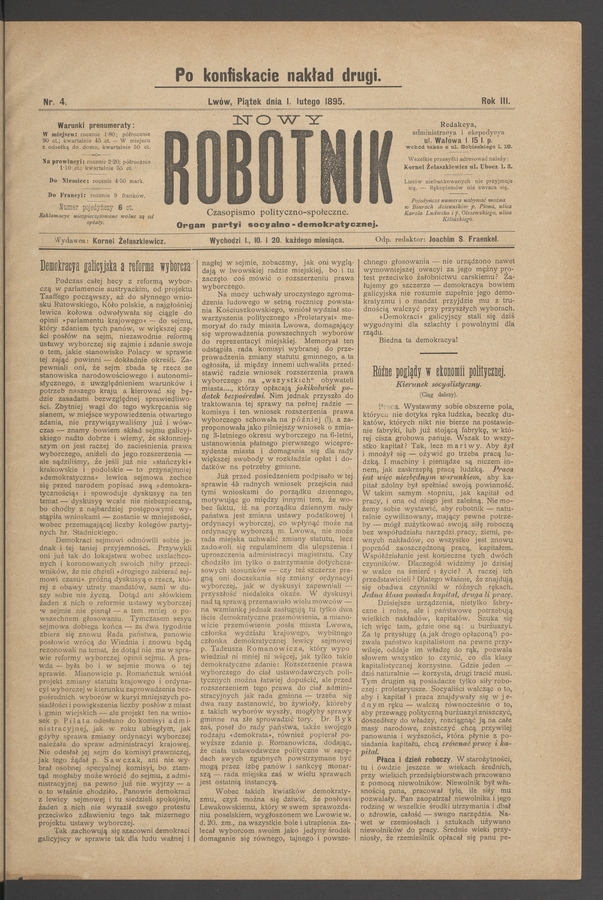 Nowy Robotnik&nbsp;: czasopismo polityczno-społeczne&nbsp;: organ partyi socyalno-demokratycznej. Rok&nbsp;3, 1895, numer&nbsp;4 (po&nbsp;konfiskacie nakład drugi)